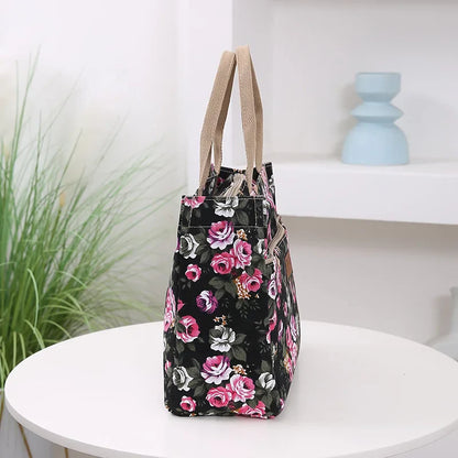 Women’s Floral Print Canvas Tote Bag – Portable Lunch Bag Casual Handbag Bento Mommy Bag for Picnic & Travel