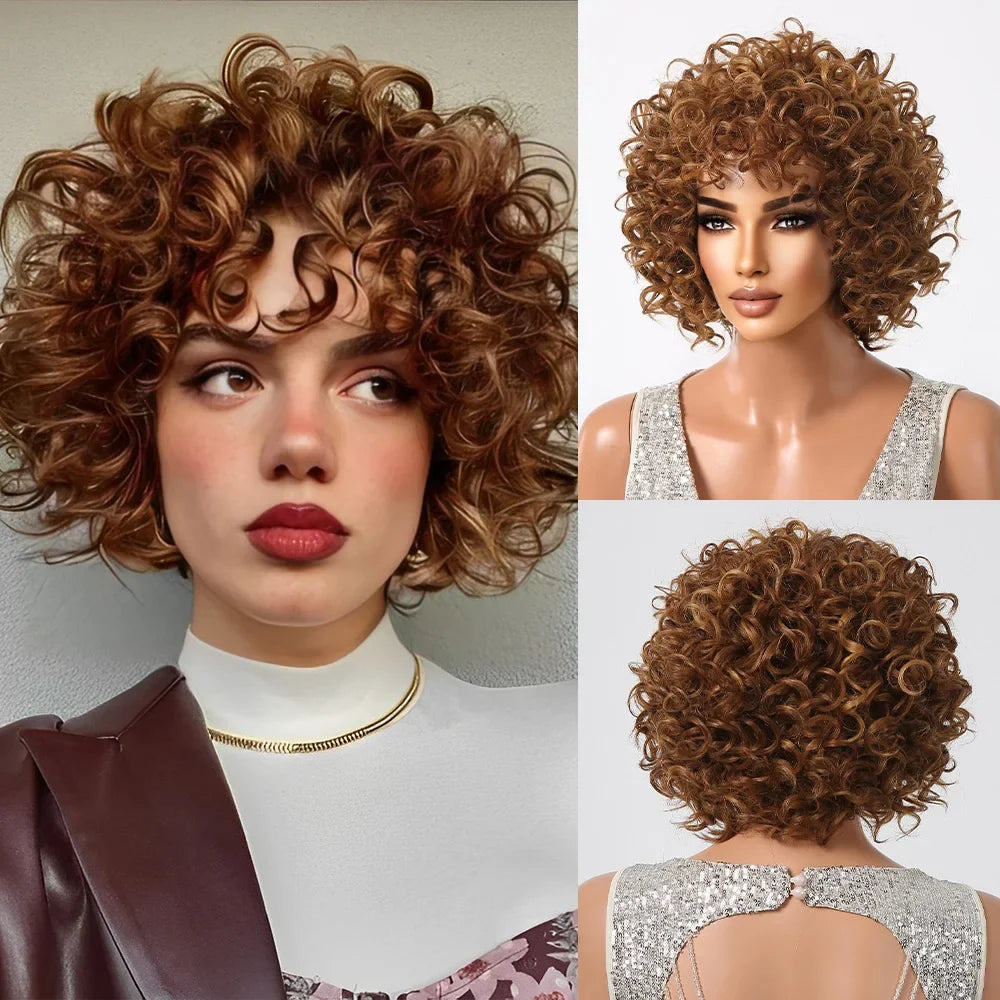 Brown Blonde Curly Synthetic Wig - Short Kinky Curly Afro Wig for Women, Glueless Cosplay Style