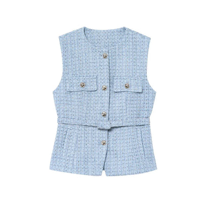 TRZA Women’s Tweed Waistcoat — Sleeveless O-Neck Top with Belt & Front Buttons, Chic Fashion Outerwear