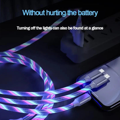 3-in-1 LED Glowing Charging Cable – 3A Micro USB & Type-C Flowing Streamer Cord for iPhone, Xiaomi & Huawei