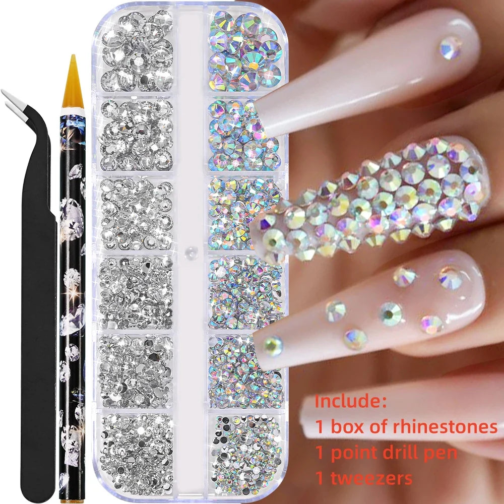 12-Grid 3D Glass AB Crystal Nail Art Rhinestones Kit – Flatback Round Beads with Tools for Nail Jewelry & Diamond Decoration