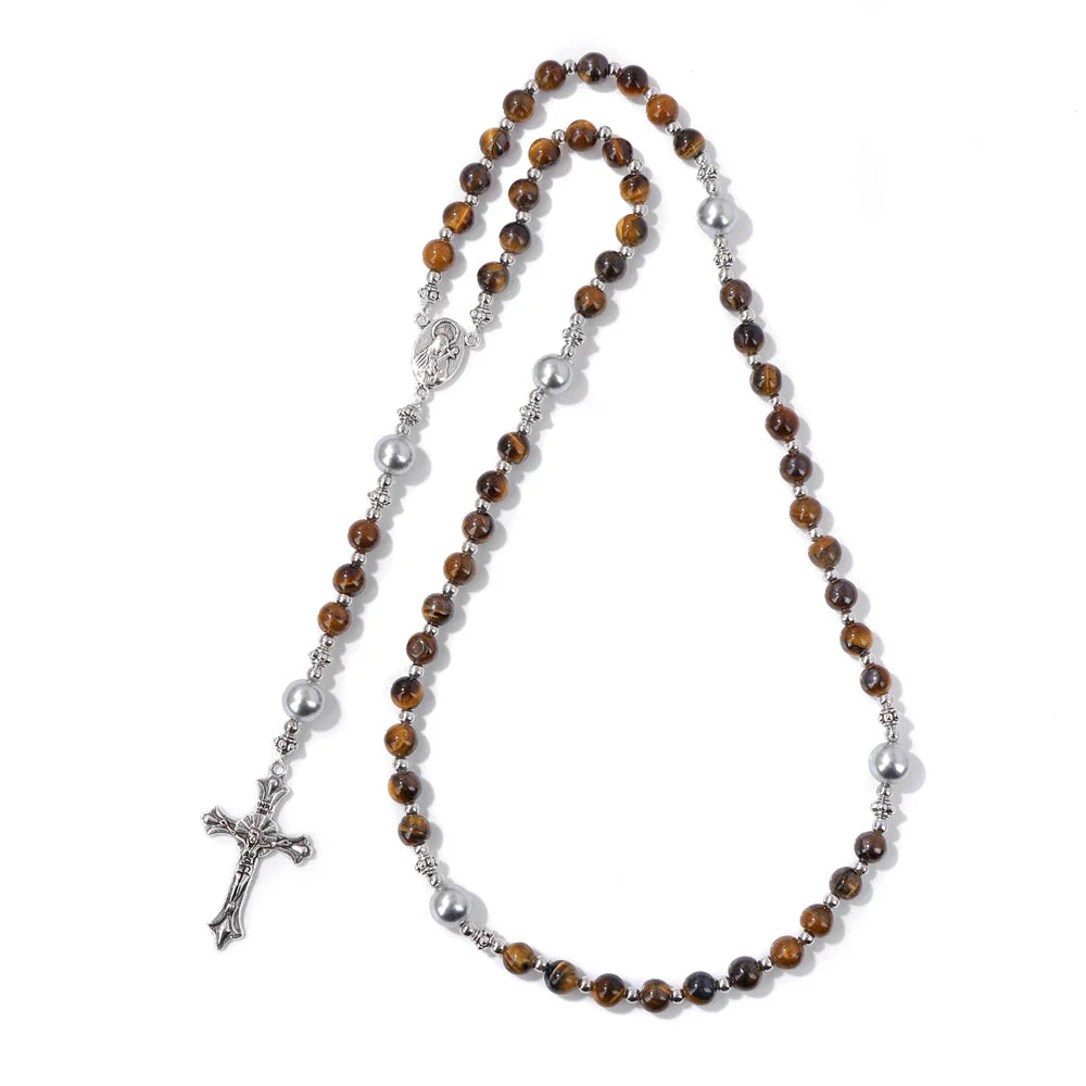 6mm Tiger Eye Rosary Beads Necklace – Catholic Jesus & Virgin Mary Pendant Long Knotted Chain Religious Jewelry for Men & Women