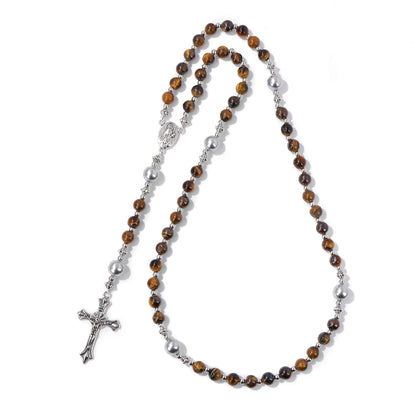 6mm Tiger Eye Rosary Beads Necklace – Catholic Jesus & Virgin Mary Pendant Long Knotted Chain Religious Jewelry for Men & Women