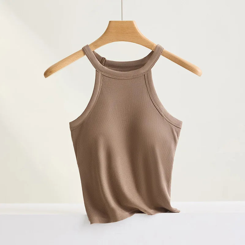 Women’s Threaded Halter Neck Camisole Top – Built-in Bra Slim Fit Elastic Breathable Sling Tank Top with Fixed Cups Underwear Style Basic Wear