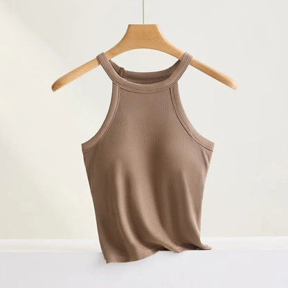 Women’s Threaded Halter Neck Camisole Top – Built-in Bra Slim Fit Elastic Breathable Sling Tank Top with Fixed Cups Underwear Style Basic Wear