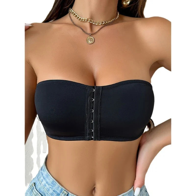 Women’s Strapless Push Up Bra – Backless Invisible Front Closure Brassiere with Belly Band Support Underwear