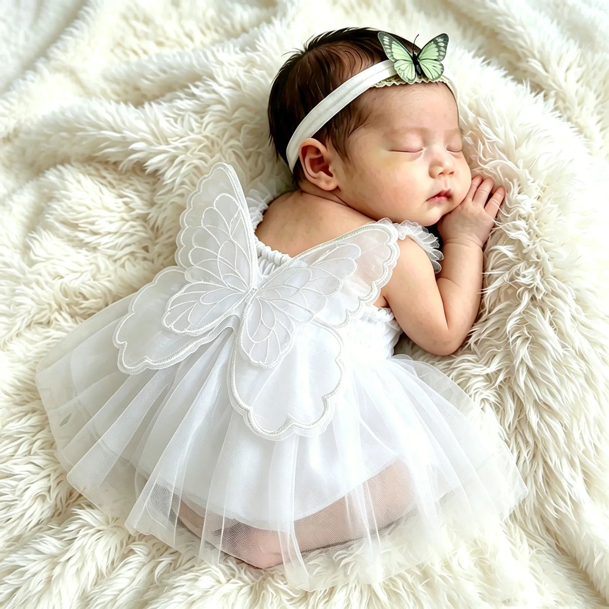 Newborn Girl Butterfly Wing Mesh Dress - Photography Outfit with Headband