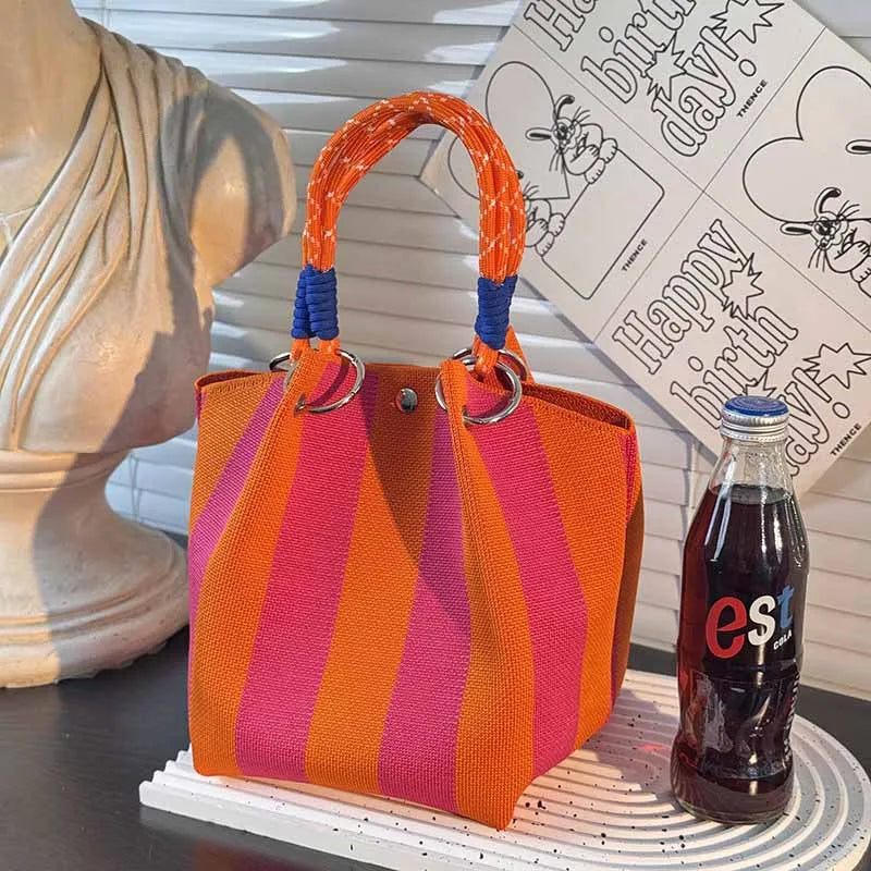 Women’s Metal Ring Bucket Handbag – Fashionable Color Block Knit Tote Bag, Spacious for Daily Commute, Leisure & Travel