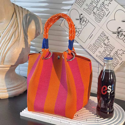 Women’s Metal Ring Bucket Handbag – Fashionable Color Block Knit Tote Bag, Spacious for Daily Commute, Leisure & Travel