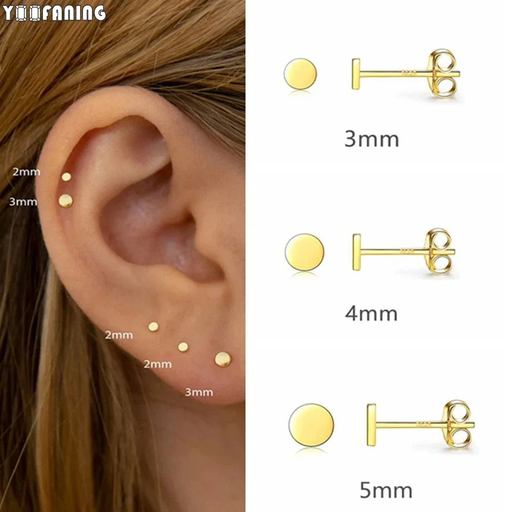 925 Sterling Silver Ear Needle Earrings – Simple Circular Gold & Silver Studs for Women Jewelry (Multiple Sizes)