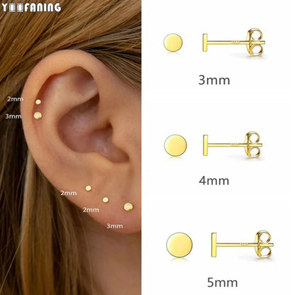 925 Sterling Silver Ear Needle Earrings – Simple Circular Gold & Silver Studs for Women Jewelry (Multiple Sizes)