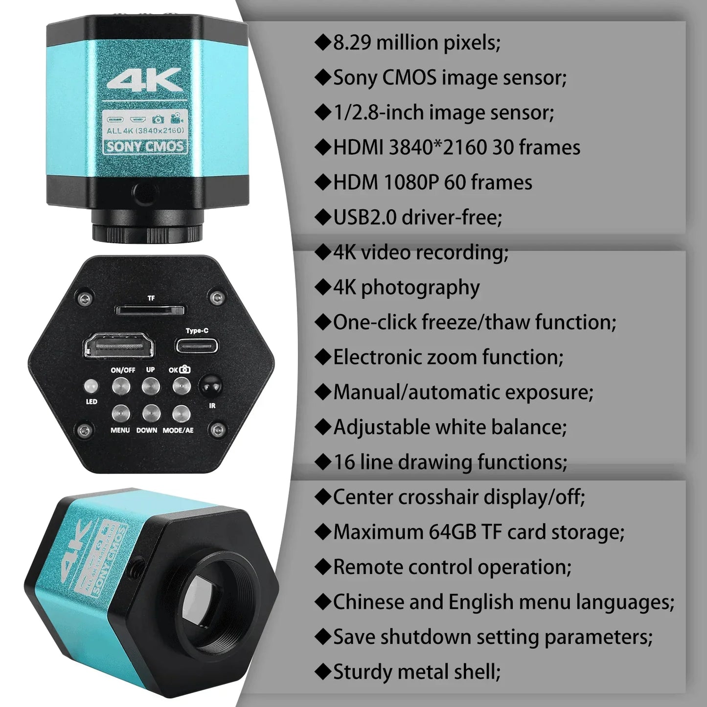 1080P 4K Industrial Microscope – 150X C-Mount Lens with 48MP/13MP Digital Camera, HDMI/USB-C/VGA for PCB Soldering & DIY