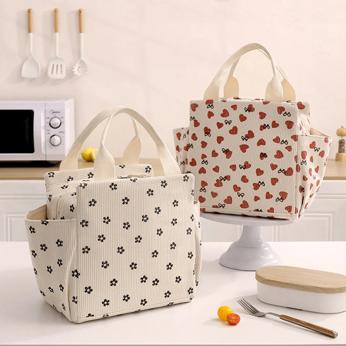 12L Insulated Lunch Box Bag — Thickened Aluminum Foil, Waterproof & Oil-Proof Printed Corduroy Meal Bag