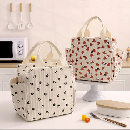 12L Insulated Lunch Box Bag — Thickened Aluminum Foil, Waterproof & Oil-Proof Printed Corduroy Meal Bag