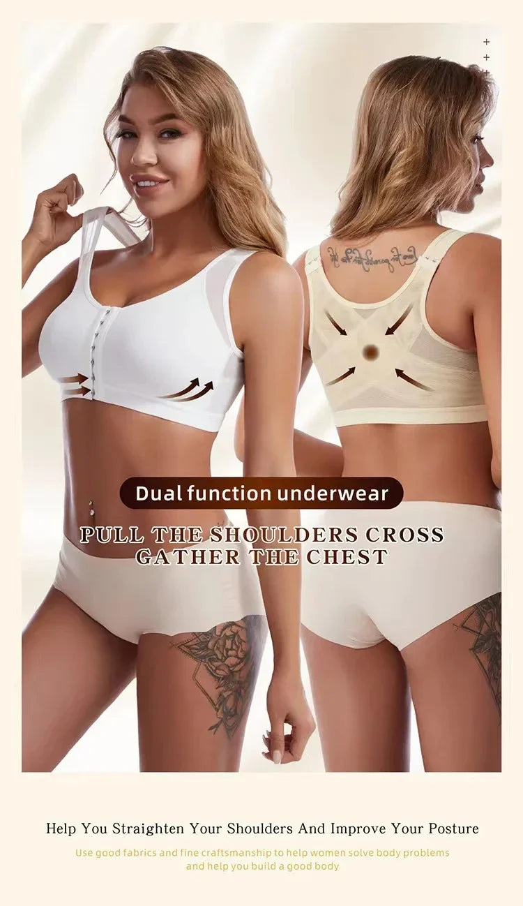 S-5XL Front Closure Posture Corrector Bra – Lift-Up Push-Up Sports Bra with Cross Back for Women, Shockproof Support