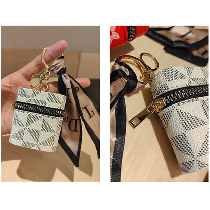 Mini Striped Textured Bucket Bag – AirPods & Small Items Case with Coin Purse and Hook (Fits AirPods 1/2/3/4/Pro)