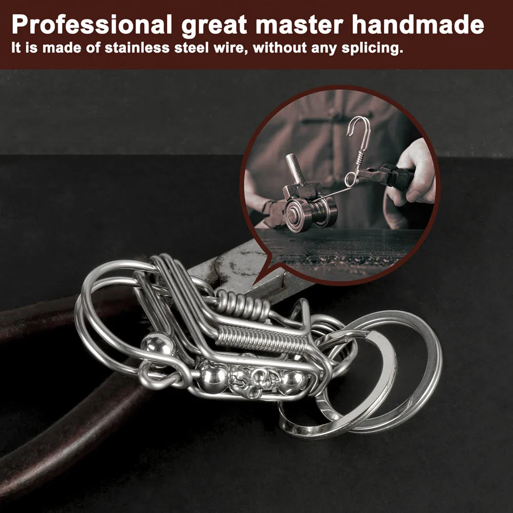 Stainless Steel Skull Keychain — Handmade Matte Round Bead Charm, Mechanical Car Key Ring for Men