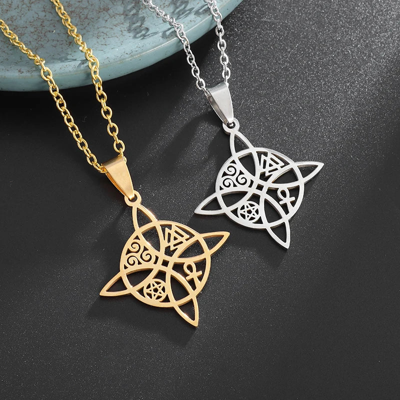 Witchcraft Witch Knot Necklace - Irish Trinity Knot Triple Spiral Pendant, Stainless Steel Ankh Cross Pentagram Amulet Jewelry