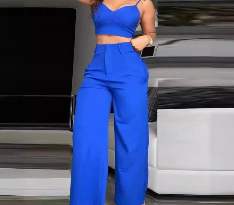 CM.YAYA Women’s 2-Piece Set – Spaghetti Strap V-Neck Crop Top & Wide Leg Pants, Party Tracksuit 2024