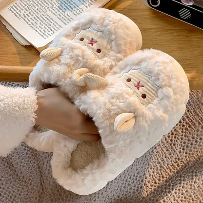 Unisex Sheep Fluffy Slippers – Cute Plush Non-Slip Cartoon Slides for Men & Women Winter House Shoes
