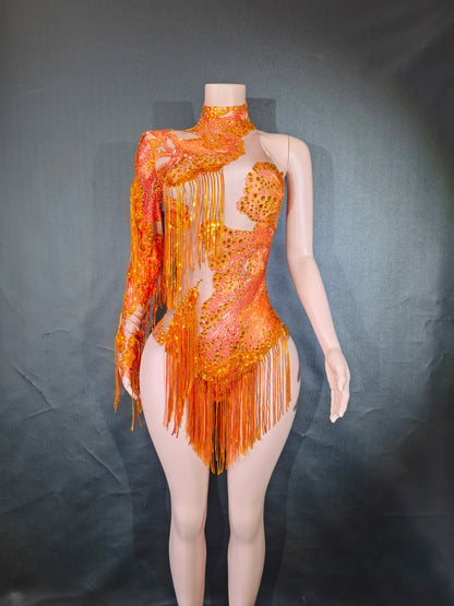Sexy Blue Rhinestone Skinny Leotard – One-Shoulder Fringe Dance Costume for Singers & Dancers