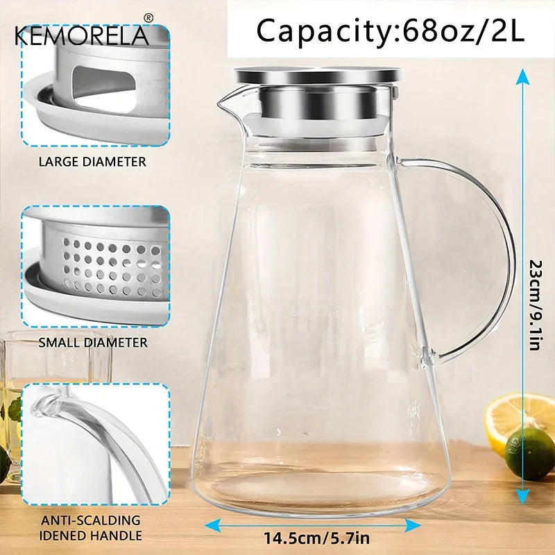 Transparent Glass Water Jug - Heat Resistant Cold Water Kettle with Handle & Large Capacity Household Drink Pitcher