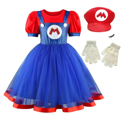 Girls Super Bros Cosplay Dress Set - Puff Sleeve Halloween & Birthday Party Costume