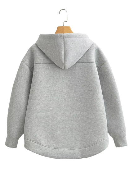 TRAFZA Autumn Women's Gray Jacket – Hooded, Long Sleeve, Zipper Coat with Big Pockets, Loose Casual Outerwear Tops