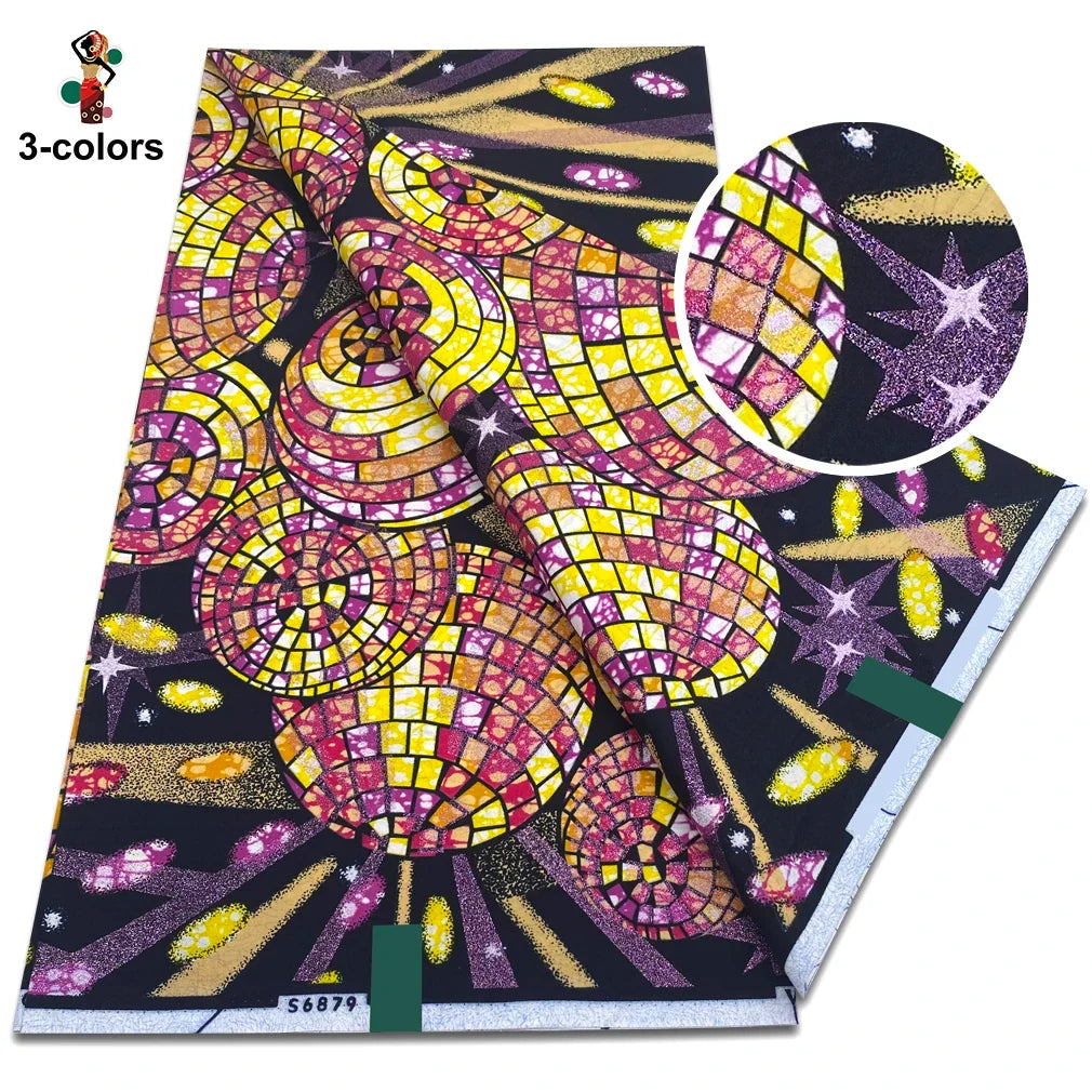African Glitter Glam Wax Fabric - 100% Cotton Golden Ankara Print 6 Yards