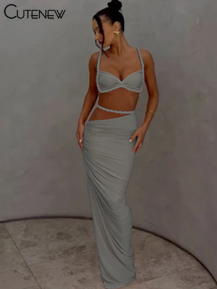 Women’s Woven Two-Piece Vacation Set – Pleated Crop Camisole & High Waist Maxi Skirt Sexy Summer Outfit Matching Set