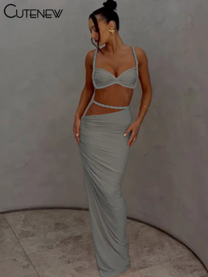 Women’s Woven Two-Piece Vacation Set – Pleated Crop Camisole & High Waist Maxi Skirt Sexy Summer Outfit Matching Set
