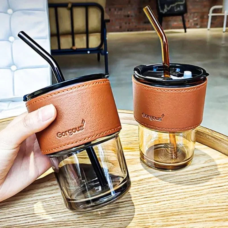 400ml Double Drinking Mouth Water Bottle – Transparent Glass Coffee Mug with Straw & Lid, Creative Beer & Beverage Cup