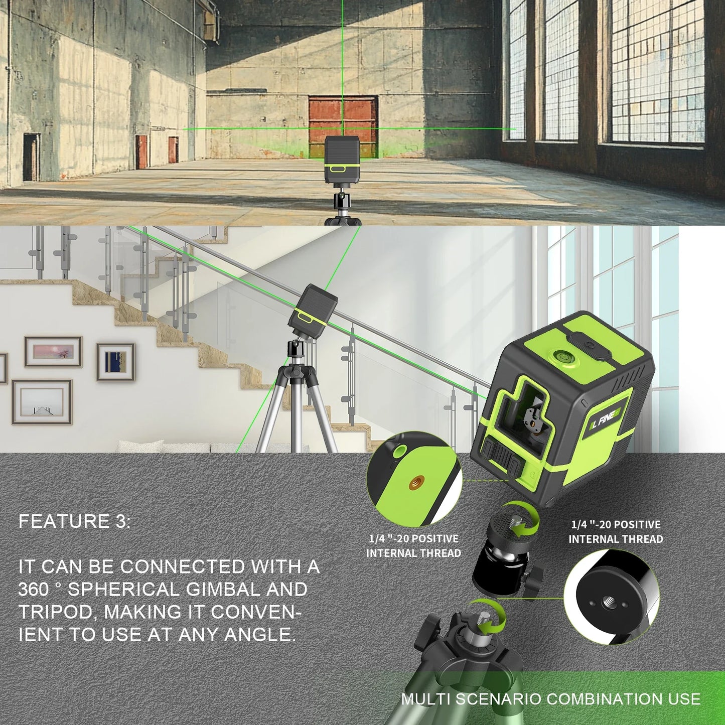 Lfine 2-Line Laser Level with Tripod — Professional 360° Self-Leveling Horizontal & Vertical Laser Measuring Tool