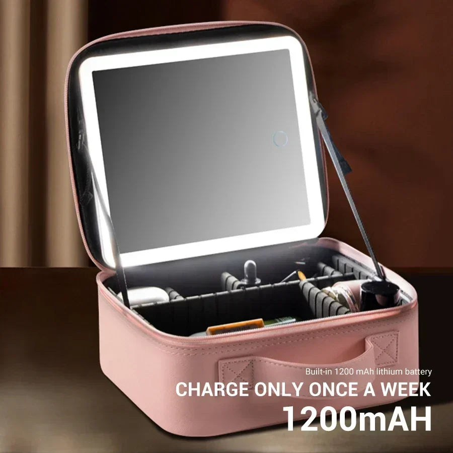 LED Lighted Cosmetic Case with Mirror - PU Leather Portable Travel Makeup Bag - Waterproof Makeup Storage