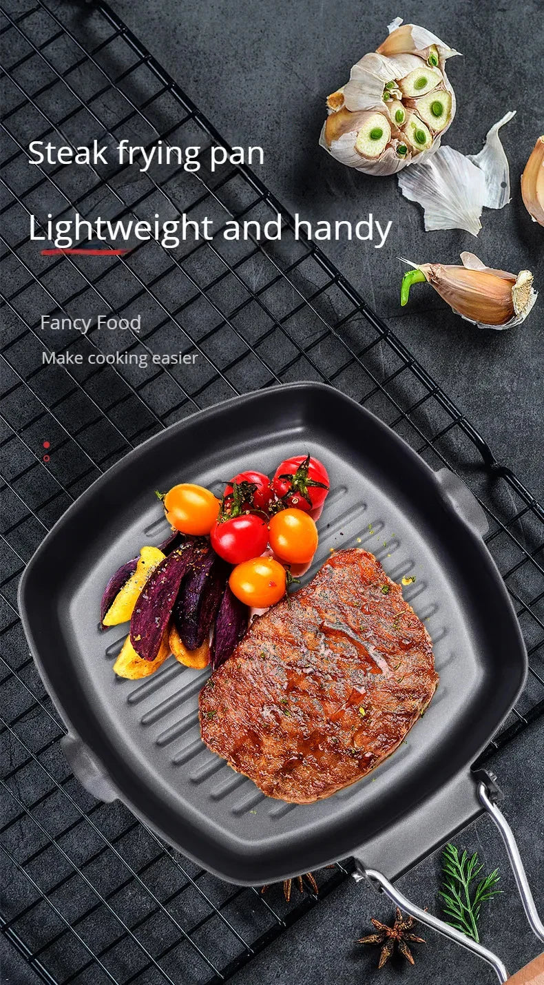 Foldable Portable Grill Pan – Double-Mouth Steak Pan with Anti-Scald Wooden Handle for Outdoor Cooking