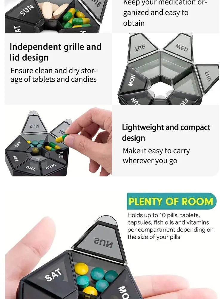 2Pcs 7-Day Pill Storage Box – Mini Travel Medicine Dispenser with 7 Compartments, Plastic Sealer Box