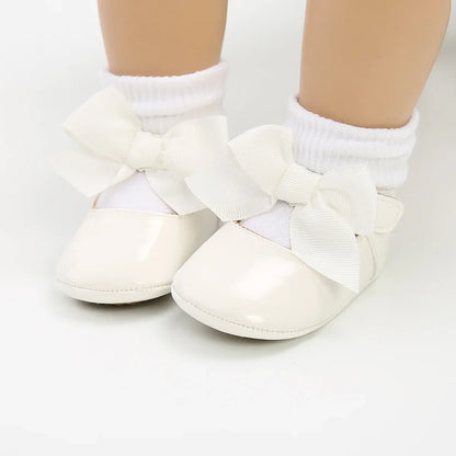 Meckior Baby Girl Shoes – Bowknot PU Ballet Slippers with Rubber Anti-Slip Sole, First Walker Toddler Crib Dress Shoes