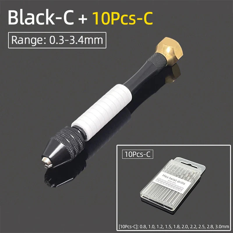 Mini Aluminum Hand Drill 0.3–3.4mm – Keyless Chuck Micro Rotary Tool with HSS Twist Drill Bit Set for Wood & DIY Crafts