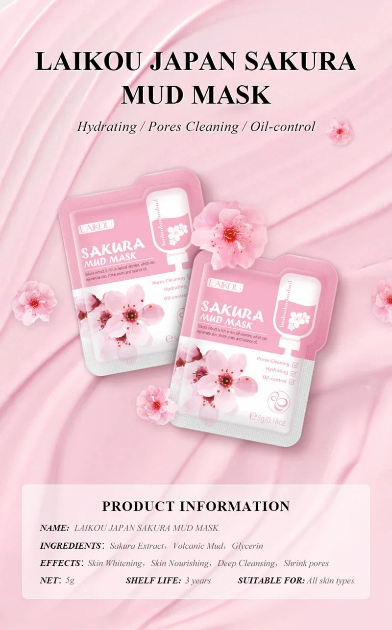 50pcs LAIKOU Sakura Mud Facial Masks – Moisturizing, Anti-Aging, Anti-Acne Deep Cleansing Skincare Face Mask