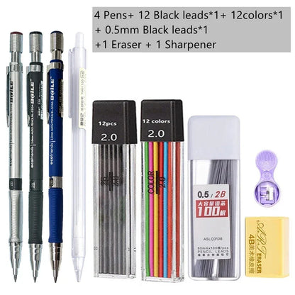 2.0mm Mechanical Pencil Set with 2B Black & Color Lead Refills – Automatic Pencil for Sketching, Drawing & Writing