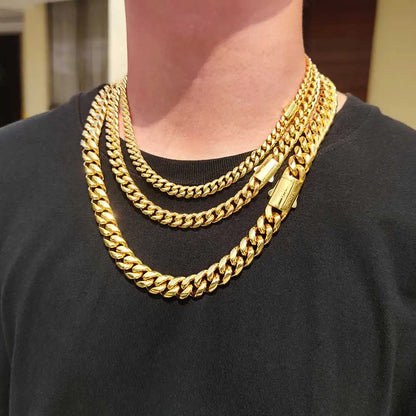 High-Quality Stainless Steel Gold Color Cuban Chain Necklace – 8-14mm Width, Waterproof Curb Link for Men & Women, Multiple Sizes