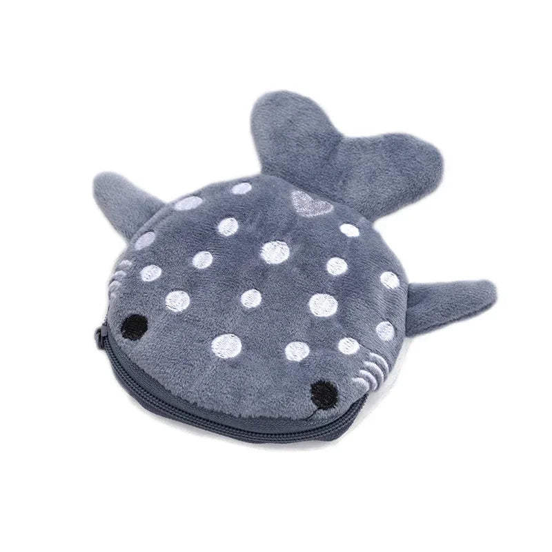 Cute Blue Shark Mini Coin Purse – Plush Zipper Wallet for Women, Key & Earphone Pouch