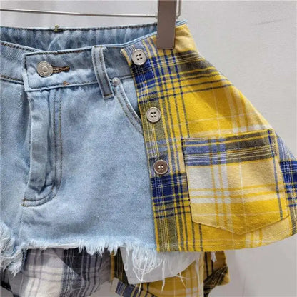 DEAT Women’s Denim Mini Skirt — Colored Plaid Patchwork Irregular A-Line, High Waist Summer 2025 Fashion Skirt