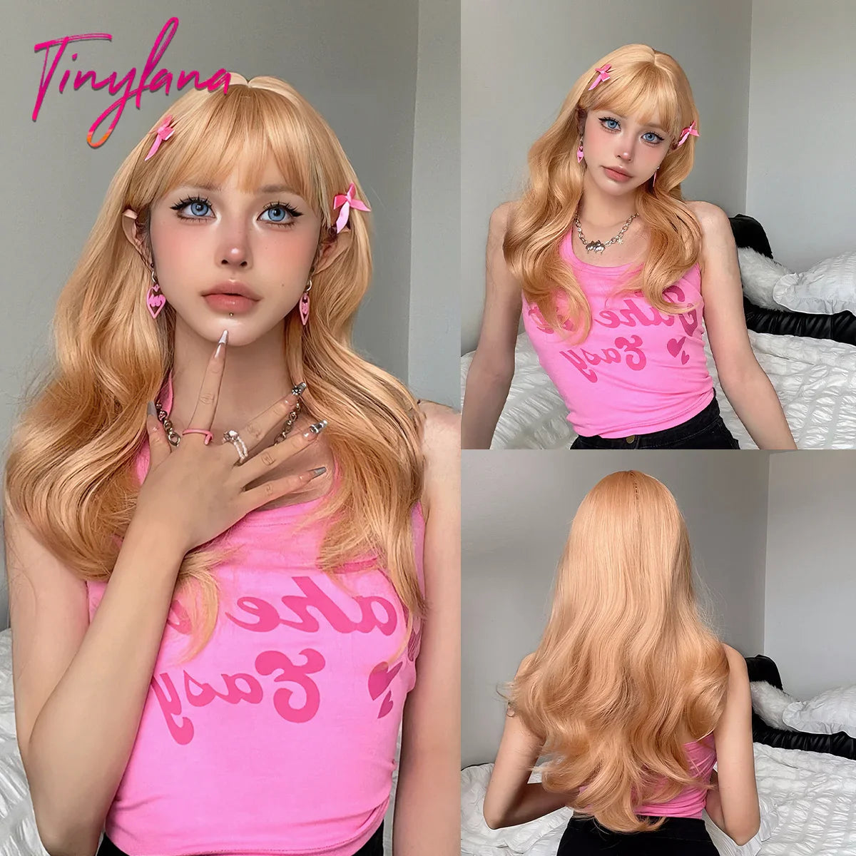 Long Blonde Wavy Synthetic Wig with Bangs – Lolita Cosplay & Halloween Heat-Resistant Wig for Women