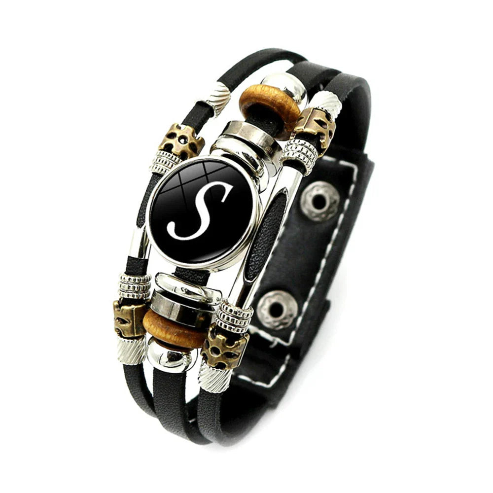 A-Z English Letters Leather Bracelet - 26 Initial Cabochon Glass Snap Wristband for Men & Women, Couple Gift