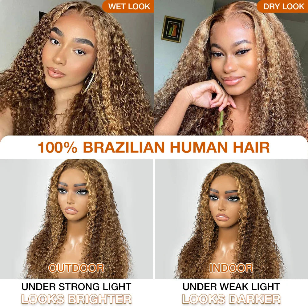 Deep Wave Honey Blonde Glueless Human Hair Wig — Pre-Cut HD Lace Front Ombre Curly Wig for Women
