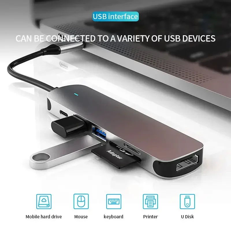 USB-C Hub Adapter with 4K — 100W PD USB-C Port, SD & TF Card Reader for MacBook Air, iPad Pro, Huawei, Samsung Phones