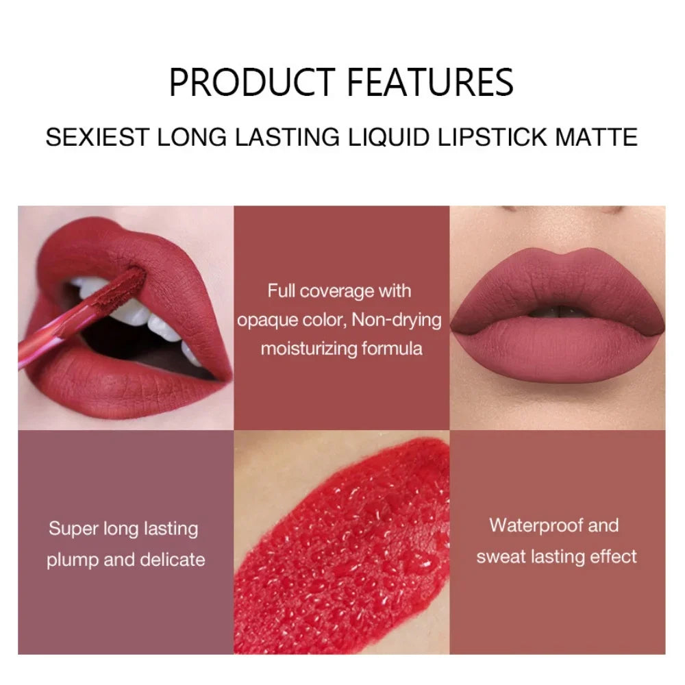 Sexy Long-Lasting Velvet Matte Lip Gloss – Waterproof, Non-Stick Red Liquid Lipstick for Women