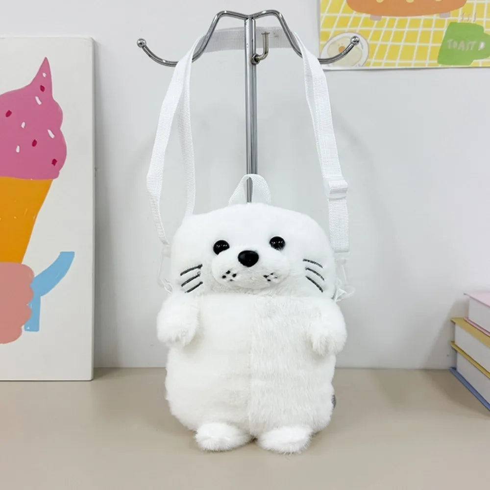 Cute Seal Plush Shoulder Bag - Soft Fluffy Cartoon Crossbody Phone Bag with Adjustable Strap