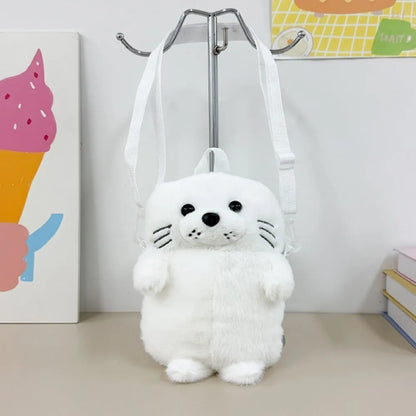 Cute Seal Plush Shoulder Bag - Soft Fluffy Cartoon Crossbody Phone Bag with Adjustable Strap